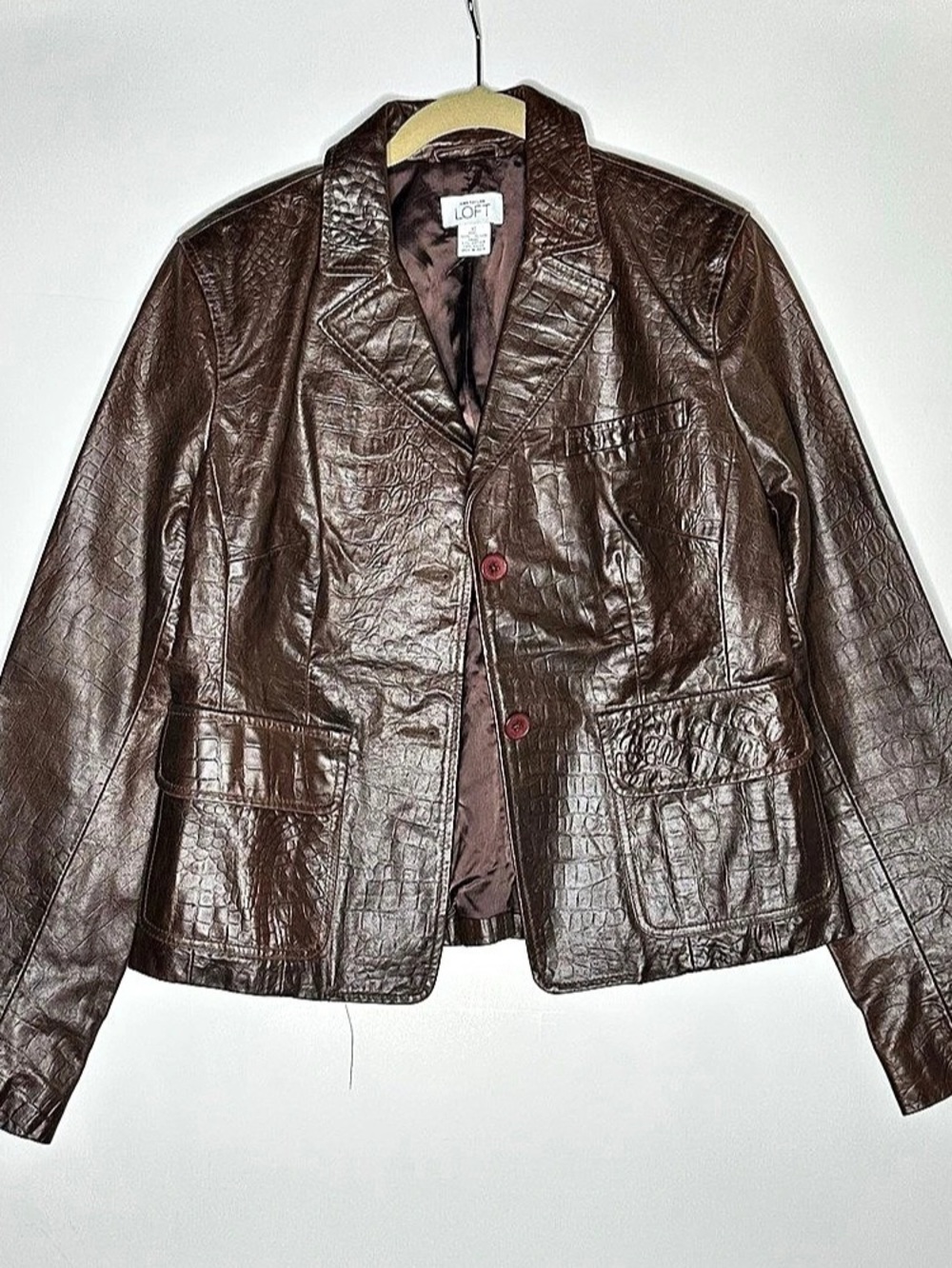 Ann Taylor Brown Leather Croc Embossed  Blazer Jacket Size 10
